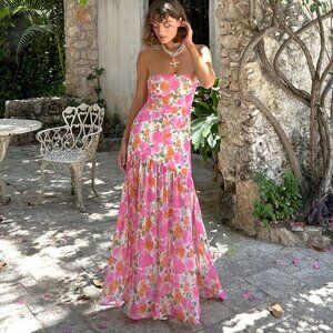 12th Tribe LaBelle Strapless Drop Waist Pink Floral Maxi Dress Size XS
